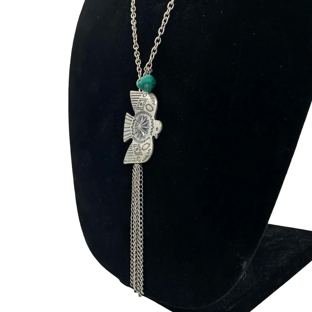 Vintage Thunderbird Phoenix Long Dangle Necklace Silver Tone Metal Turquoise